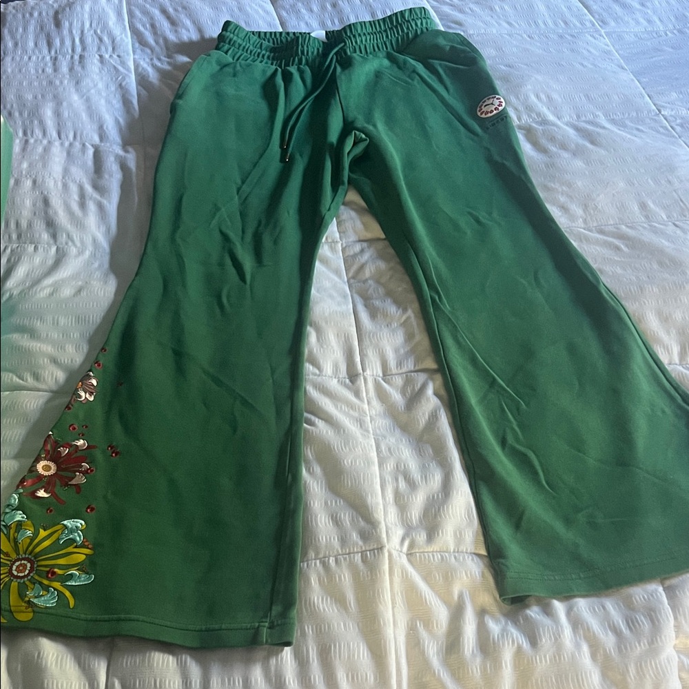 Puma Liberty Green Flare Pants with Floral Design